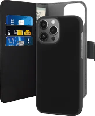 A black wallet case for an iPhone 13 Pro is shown with cards and cash inserted.
