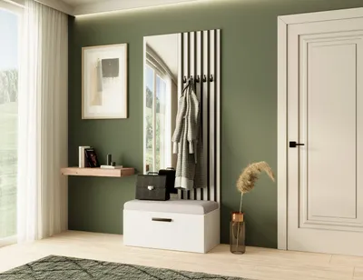 Produktbild von Garderobe MARGARET II, Farbe: Weiß + Schwarze Lamellen + Hellbeige, mit Spiegel