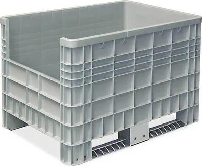Produktbild von Palettenbox mit Aussenrippen und 2 Kufen, Zuschnitt an einer Stirnseite, Außenmaße LxBxH 1170 x 800 x 800 mm, grau