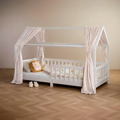 Produktbild von Hausbett Himmel NENA im 2er Set in beige - Betthimmel aus 100% Baumwolle, Baldachin Musselin zweilagig, Bettvorhang für Kinder, Hausbett Deko