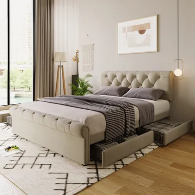 Produktbild von Polsterbett, Doppelbett mit Lattenrost und 4 Schubladen, 140x200 cm, gepolsterter Kopfteil höhenverstellbar, Bezug aus Leinen