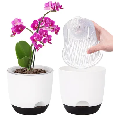 Produktbild von 2er-Set Orchideentopf Groß 18,2 cm Weiß Selbstbewässerung mit Übertopf