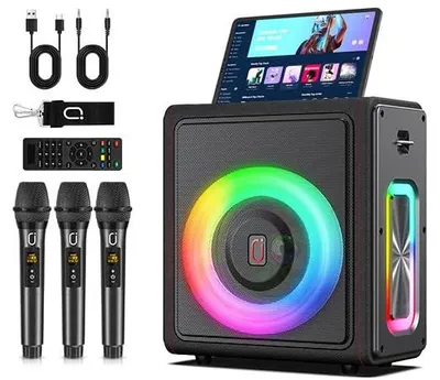 Produktbild von Karaoke-Set – Kabellos – 300 W – 3 Mikrofone – Bluetooth 5.3 – Tragbar – Für den Heimgebrauch – Schwarz