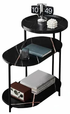 Image de Table aspect marbre - Table d'appoint/table basse - 3 niveaux - Structure métallique - Panneau de particules - Étagères - Peu encombrante - Montage facile - Noir