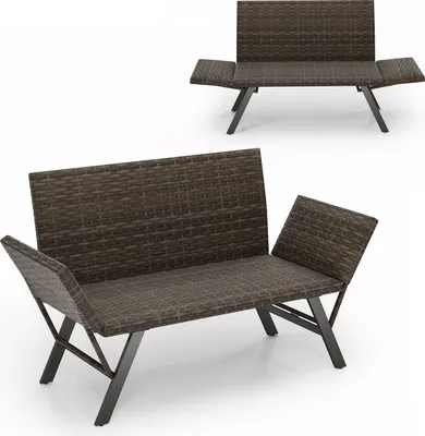 Two views of a brown rattan bench with dark gray metal legs, shown against a white background.