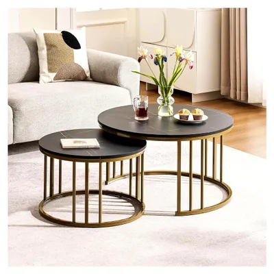 Produktbild von Rundes Couchtisch-Set, Beistelltische mit Marmoreffekt und Metallrahmen, 70x70x45cm + 50x50x38cm, stapelbar, Schwarz