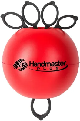 A red Handmaster Plus ball with black finger loops attached.