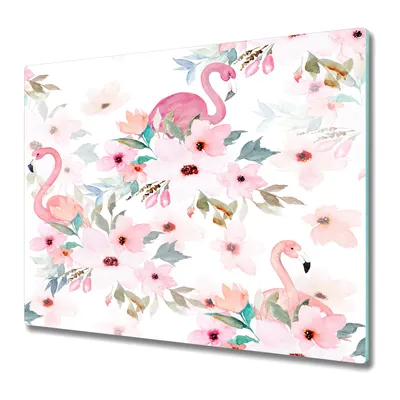Produktbild von Küchenschneidebrett - Glasschneidebrett - Herdabdeckung - 60x52 - Blumen und Flamingos