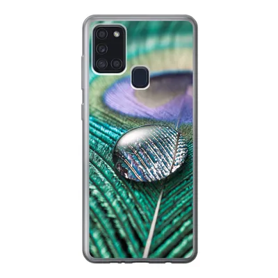 Produktbild von MuchoWow® Handyhülle Schutzhülle Hülle für Samsung Galaxy A21s Nahaufnahme eines Wassertropfens auf einer Pfauenfeder Silikon Softcase Handy Hülle - Hartschale