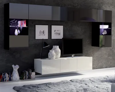 Produktbild von Wohnwand Amanda II Oberschrank Schrankwand mit zwei Vitrinen 150 cm breite TV Schrank Wohnzimmer-Set (Schwarz matt + Schwarz Hochglanz Fronten / Weiß matt + Weiß Hochglanz Fronten)