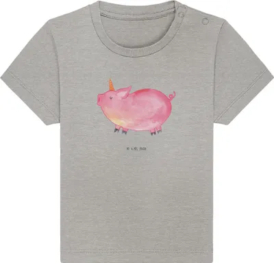 Produktbild von Mr. & Mrs. Panda Babyshirt Einhorn Schwein 6. - 12. Monat - Heather Grey - Geschenk, Spaß, Kinder Oberteil, Englisch, Unicorn,  Baby T-Shirt, Top, Baumwollshirt, Bauer