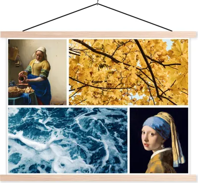 Produktbild von MuchoWow® Textilposter Milchmädchen - Mädchen mit Perlenohrring - Collage 120x90 cm mit holzfarbenen Rahmen - Magnetisch