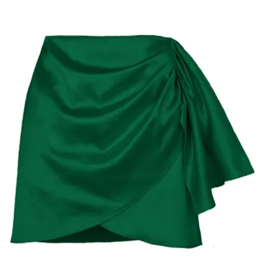 Produktbild von Eleganter, hochtaillierter, geraffter Damenrock in einfarbigem Satin mit Reißverschluss hinten und Wickelsaum, ideal für Cocktailpartys, Grün, Größe S