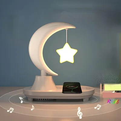 Produktbild von 3-in-1 LED-Nachtlicht mit Bluetooth-Audio und kabelloser Ladefunktion, Bluetooth Lautsprecher, farbenfrohe Atmosphäre am Nachttisch