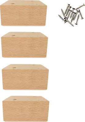 Four wooden furniture feet and a pile of screws are arranged on a white background.