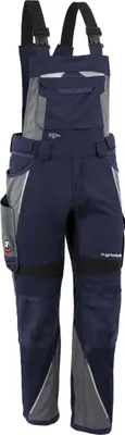 A pair of navy and gray work overalls is shown against a white background.