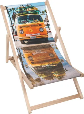 A beach chair with a printed image of a vintage orange camper van with surfboards on top, reflected in water.