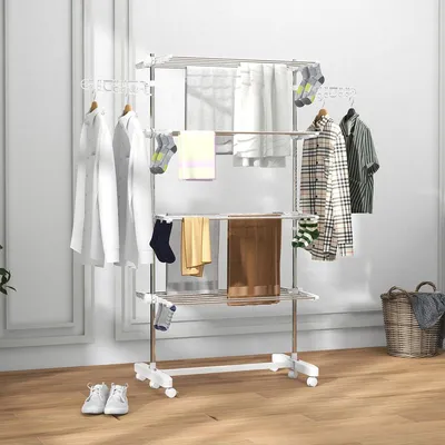 Produktbild von Wäscheständer mit Rollen und Seitenflügel Mobiler klappbare 4 Ebenen Standtrockner ABS 142 x 55 x 172 cm Weiß
