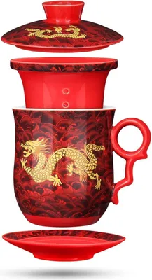 Produktbild von Chinesische Teetasse mit Drachenmuster - Porzellan Teeset 400ml - Rot