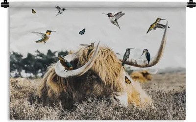 Produktbild von MuchoWow® Wandteppich Wandbehang Schottisches Hochlandrind - Vogel - Heidekraut 120x80 cm Tapisserie Dekoration Wandtuch - Wanddekorationen - Wandtücher