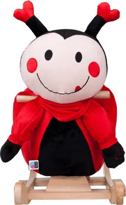 A plush ladybug rocking toy on a wooden base.