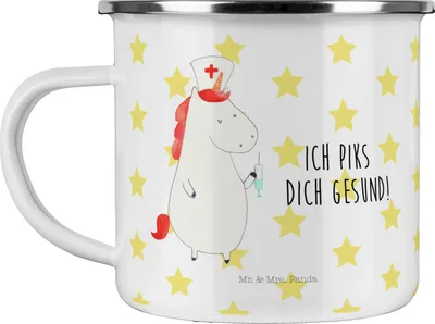 Produktbild von Mr. & Mrs. Panda Haferl Einhorn Krankenschwester - Weiß - Geschenk, Krankenpflegerin, Pott, Ärztin, Krankenpfleger, emaillebecher, Emaille Tasse, Motivtasse, Unicorn