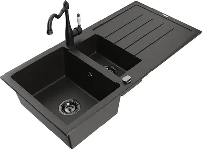 Produktbild von Mexen Andres 1,5-Becken-Granitspüle mit Abtropffläche und Mischbatterie Carla, Schwarz/Gold - 6515-75-670700-70-B