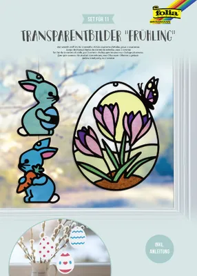 A collage of images showcasing spring-themed window decorations, including bunnies and an Easter egg with flowers.