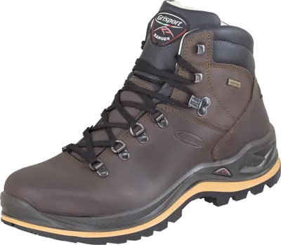 A single brown hiking boot is shown against a white background.
