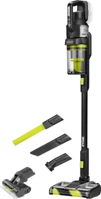 A cordless vacuum cleaner with accessories is displayed against a white background.