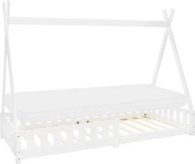 A white tipi-style children's bed with a mattress and a pull-out trundle bed.