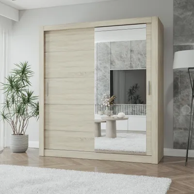 Image de Armoire à portes coulissantes LION, chambre à coucher, armoire 180 cm chêne Sonoma/chêne Sonoma avec miroir, poignées PVC couleur aluminium