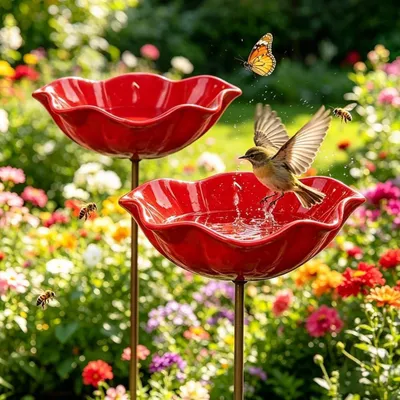 Produktbild von 2er Set Vogeltränke Blume Metall Rot Winterfest Gartenstecker Insektentränke Bienentränke