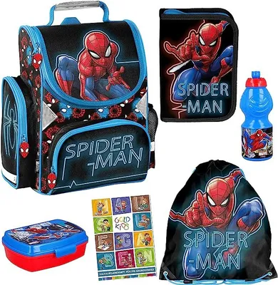 Produktbild von Spiderman Schulranzen ergonomischer Ranzen Turnbeutel Federmappe Trinkflasche Brotodose Aufgabenheft für die Grundschule 6er Set Lizenzartikel Marvel Spiderman Spider-man Comics Mehrfarbig