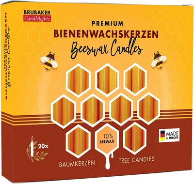 Produktbild von BRUBAKER 20er Pack Baumkerzen 10% Bienenwachs Weihnachtskerzen Pyramidenkerzen Christbaumkerzen Honig-Gelb