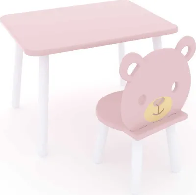 Produktbild von Dekormanda-Rechteckiger Tisch und Stuhl für Baby in Form eines Teddybären - rosa, weiß