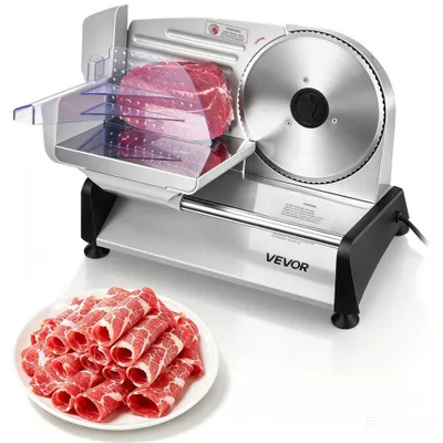 Imagen del producto de Máquina eléctrica para cortar carne - 200 W de potencia - Cuchilla de 19 cm - Grosor de corte ajustable de 0 a 15 mm - Color gris