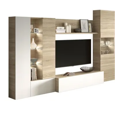 Image de Meuble TV LED Blanc Brillant et Chêne, 260 cm, Style Classique, Rangement 3 Portes, Éclairage LED