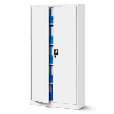 A white metal filing cabinet with its doors open, revealing blue folders inside.