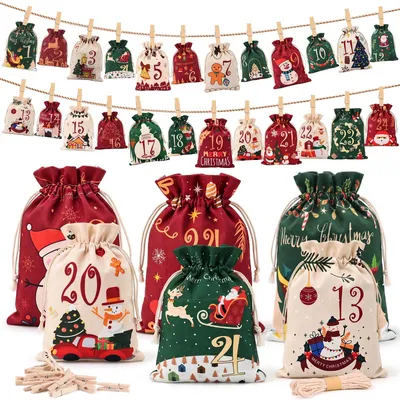 Adventskalender zum Befüllen, 24 Stoffbeutel mit Holzklemmen