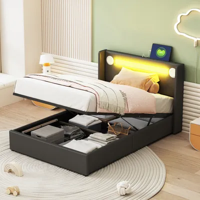 A modern bedroom with a bed featuring integrated storage and LED lighting.
