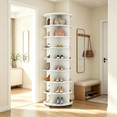 Image de Étagère rotative pour chaussures à 360°, avec 4 roulettes, en MDF blanc, 8 niveaux et 32 compartiments
