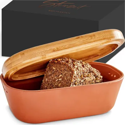 Produktbild von Steinzeit Design Brotkasten - Brotbox aus atmungsaktivem Ton – Brotkasten Keramik mit edlem Bambusdeckel – Brottopf für platzsparendes Aufbewahren