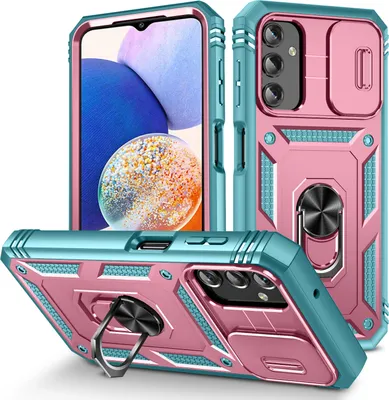 Produktbild von Galaxy A14 5G Hülle, Schiebe Kamera Schutz Stoßfest Schutzhülle mit Ringhalterung Ständer für Samsung Galaxy A14 5G Pink