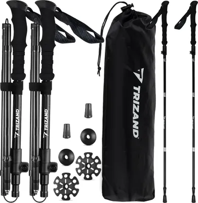 A set of black trekking poles and accessories laid out on a white background.