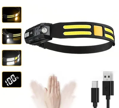 Zdjęcie produktu dla Czołówka LED z czujnikiem ruchu - Czołówka akumulatorowa - 5 trybów świecenia - Regulowana czołówka - Idealna do campingów, wędrówek, aktywności na świeżym powietrzu i pracy