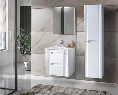 Image de Ensemble De Salle De Bain Blanc 60 Cm Avec Lavabo, Colonne Et Miroir Led