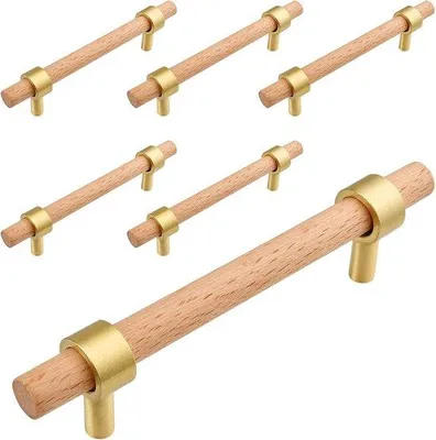 Image de Lot de 6 poignées de tiroir en bois, 96 mm, bois naturel