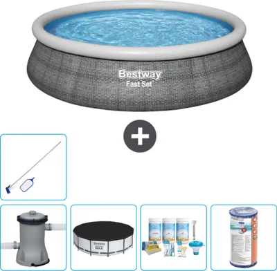 Produktbild von Bestway runder aufblasbarer Fast-Set-Pool – Rattan-Druck – 457 x 84 cm – inklusive Pumpe Abdeckung - Wartungspaket - Filter - Reinigungskit