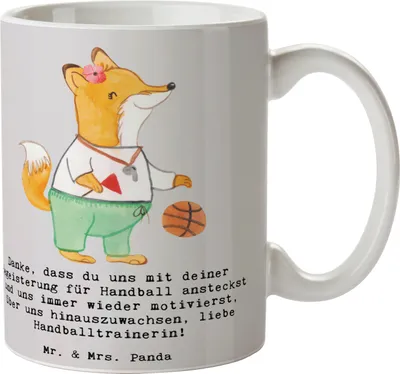 Produktbild von Mr. & Mrs. Panda Bedruckte Tasse Handball Trainerin Dankeschön - Grau Pastell - Geschenk, liebe Handballtrainerin, Danksagung, Kaffeebecher, Keramikbecher, mit Spruch